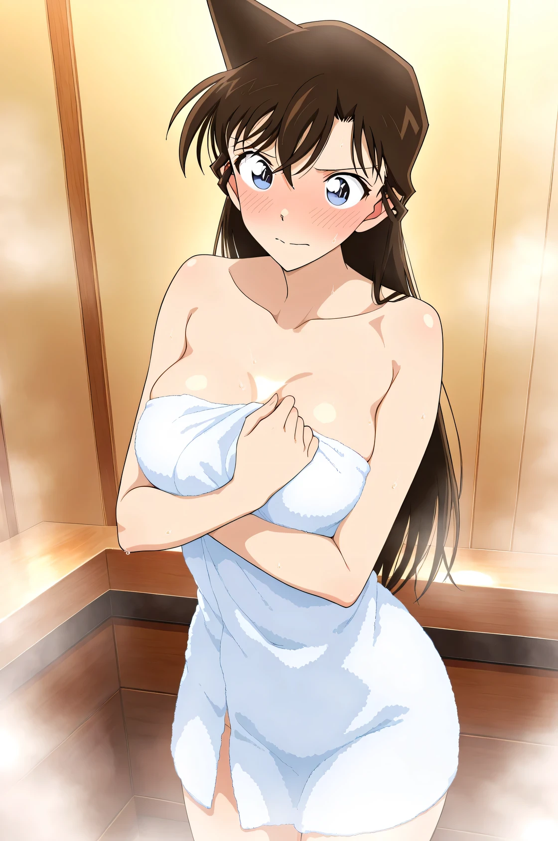 masterpiece,Highest Quality,{{Beautiful Face and Eyes with Attention to Details}}, highly detailed background with loose bands,
Mouri Ran,Long Hair,brown hair,light blue eyes,medium breasts,
((naked towel)),Disconnect,
solo,1girl,(embarrassed,blush,closed mouth,Steam:1.0),
((from under the womb,Embrace your chest:1.2)),
(spa background:1.0),nsfw