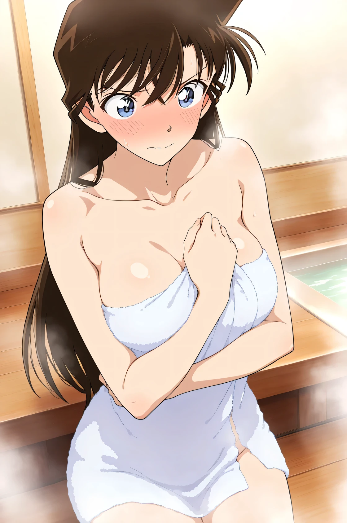 masterpiece,Highest Quality,{{Beautiful Face and Eyes with Attention to Details}}, highly detailed background with loose bands,
Mouri Ran,Long Hair,brown hair,light blue eyes,medium breasts,
((naked towel)),Disconnect,
solo,1girl,(embarrassed,blush,closed mouth,Steam:1.0),
((from under the womb,Embrace your chest:1.2)),
(spa background:1.0),nsfw