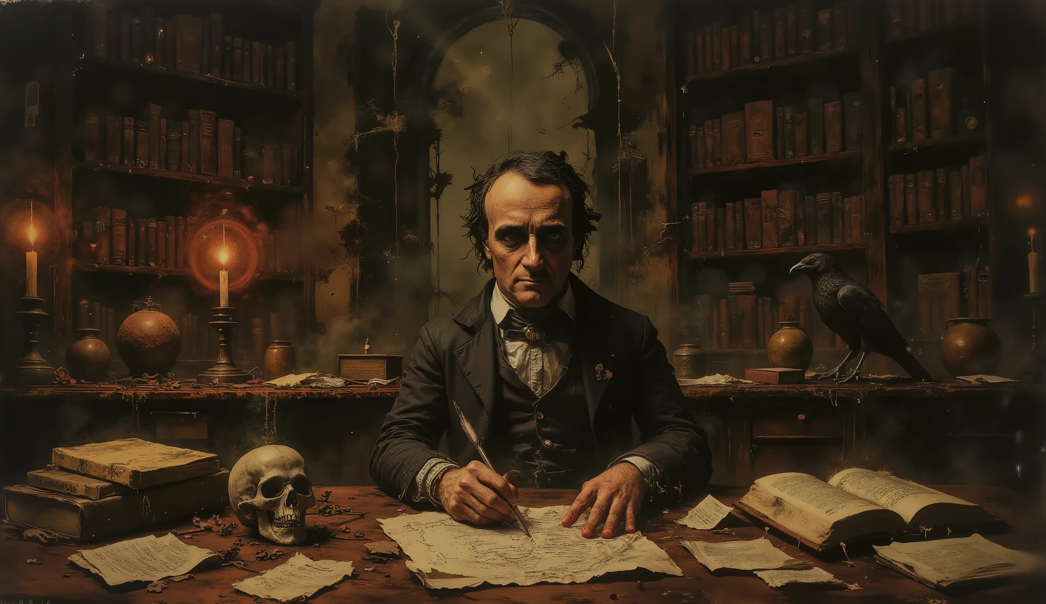 Edgar Allan Poe writing on parchment paper at his desk with a quill, a human skull sits on his desk, a Raven sits on the bookcase, portrait, Gothic fantasy, Gothic library background, dark surrealism, high detail, masterpiece.