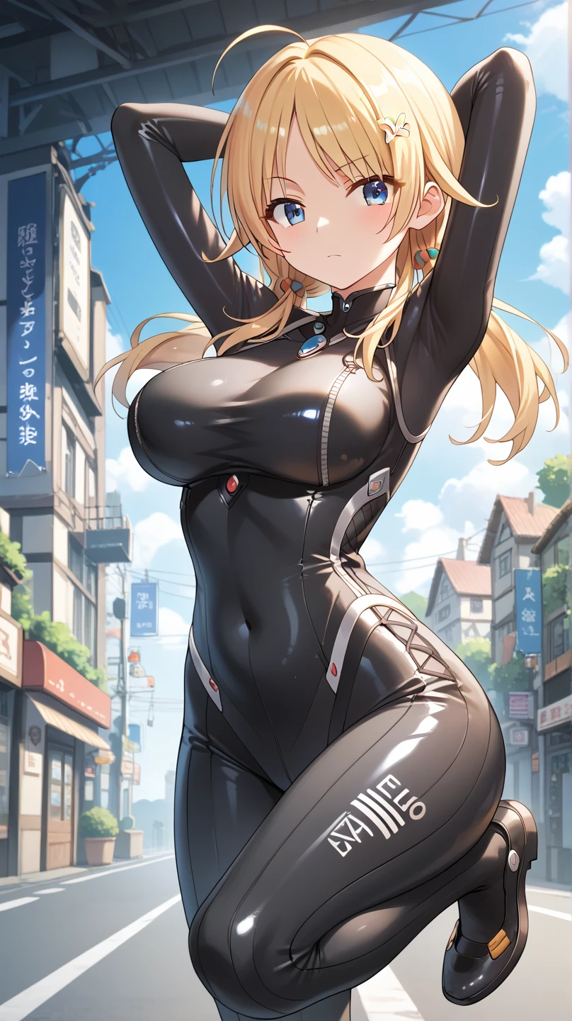 1 girl,blue eyes, blonde,ponytail, big breasts,black leotard,barefoot,Super High Leg Cut, Are standing, serious face,blush,Sweat,Yamanaka,rain
