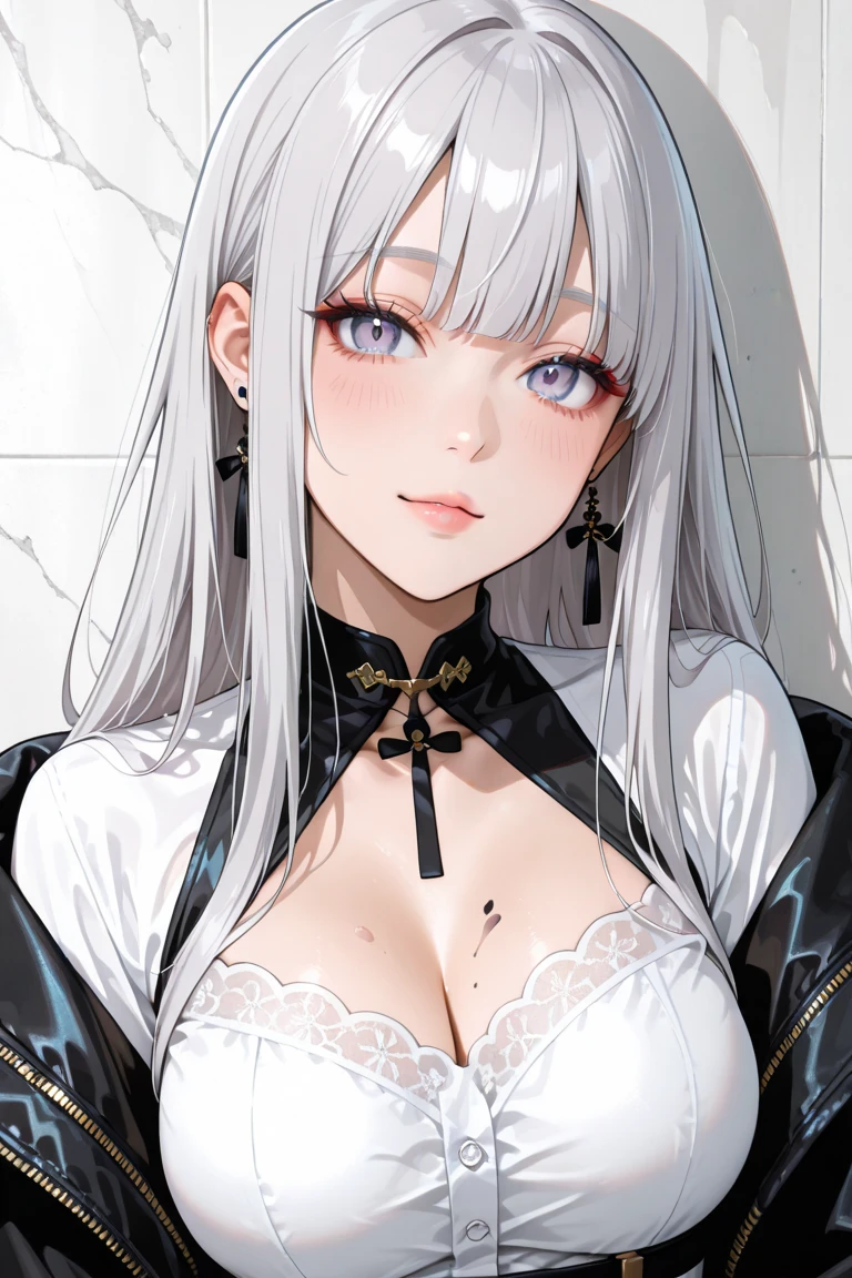 Make an albino woman, beautiful and korean, do it with black eyes, clear and beautiful, make her wear a white coat with a black top, and make her suck a cylindrical popsicle,thick, de chocolate