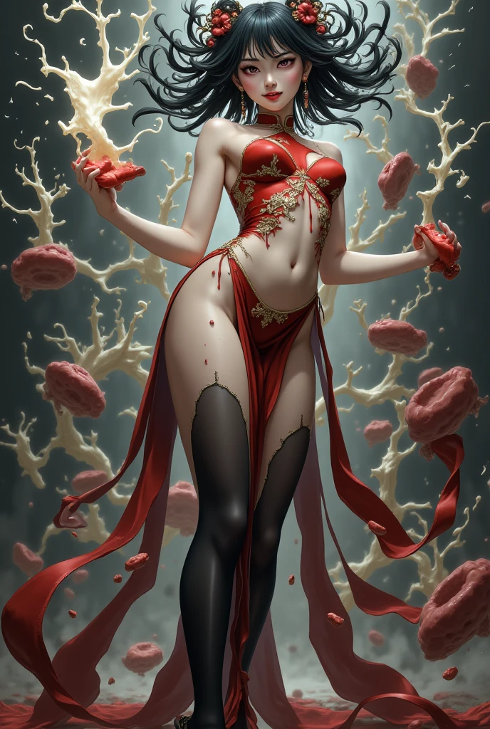 In a shocking contrast of elegance and turmoil, a Renaissance-style fragmented sculpture of an abstract form is depicted in porcelain slowly dissolving into red dark jelly. This captivating image portrays contorted in pain as the materials shift and blend. The high-quality photograph showcases the intricate details of the sculpture, from the delicate curves of her face to the flowing lines of her gown. The vibrant colors and striking imagery evoke a sense of deep emotion and artistic skill, drawing viewers into the gripping narrative of suffering and transformation.