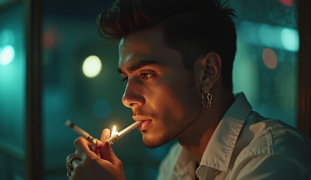 A bealtiful man,homem fumando um charuto,cigar between your lips,Manly man,He's in profile,homem com um rosto muito bonito,homem sexy,his nose is bleeding,extremely bleeding nose,"bleeding nose"",""clean face""