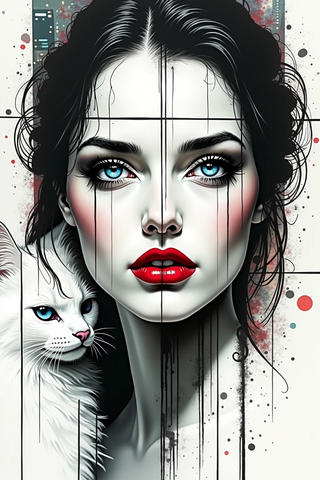 a girl with cat, Ink style painting, Ink Style Figure, warm atmosphere, minimalism, monochrome, Grayscale, clear lines, (best quality, masterpiece, Representative work, official art, Professional, Ultra high detail, 8k), (mybeauties, detailed, wabstyle)