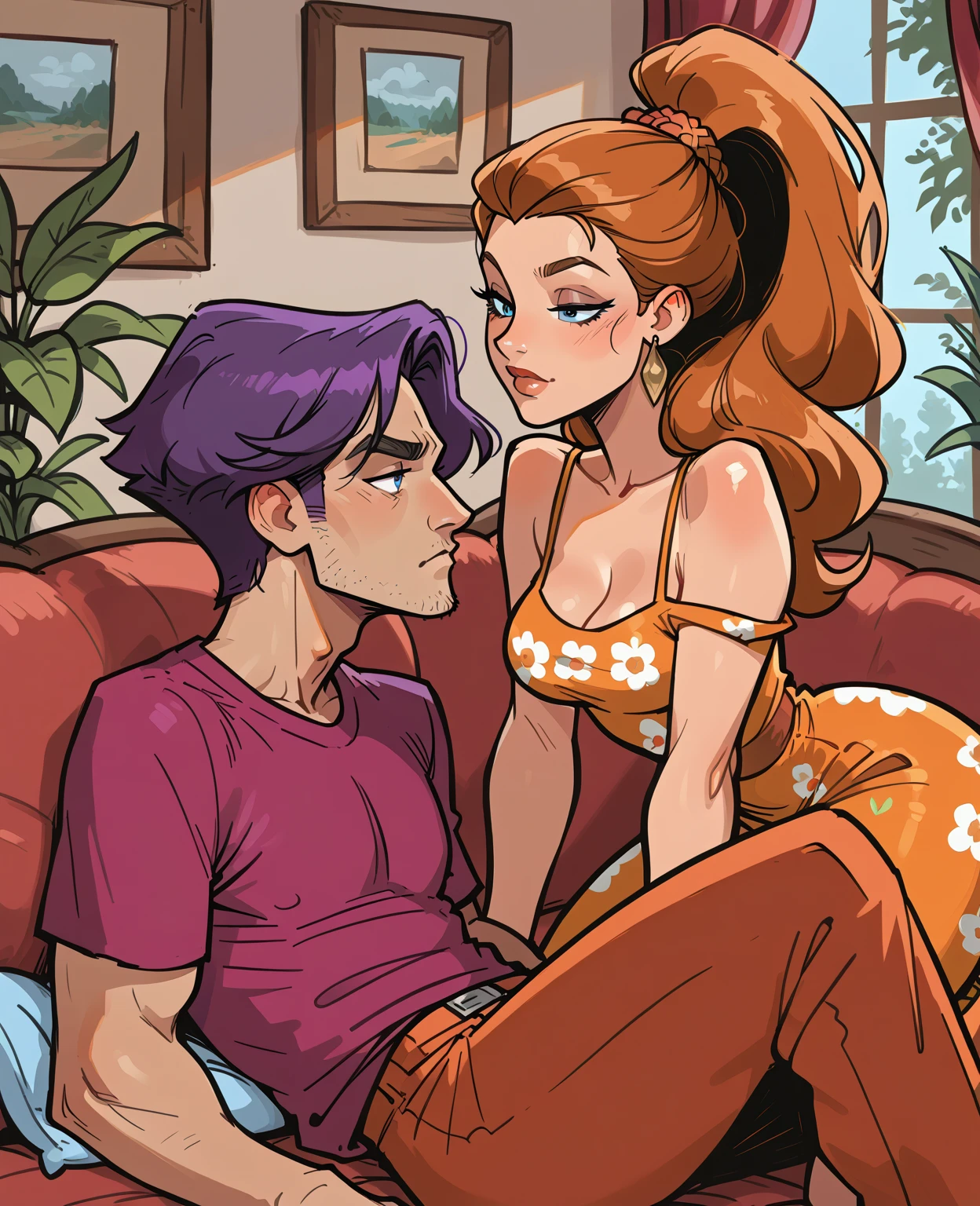 "An illustration of a couple in an intimate and romantic setting, with the woman confidently sitting on top of the man who is lying on a bed. The woman has a joyful and empowered expression, using her hands to gently touch her own chest and abdomen. The scene should convey emotional connection and mutual pleasure, using a style that combines cartoon and caricature elements with vibrant and expressive colors. Ensure the background is simple, focusing on the bed and the couple, while keeping the depiction tasteful and respectful."

