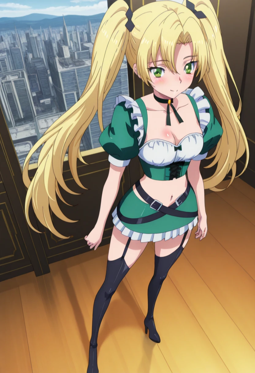 aiz, anime_art_style, 1girl, solo, long_hair, breasts, looking_at_viewer, open_mouth, bangs, blonde_hair, gloves, dress, ribbon, cleavage, bare_shoulders, jewelry, medium_breasts, collarbone, hair_ribbon, yellow_eyes, earrings, parted_lips, choker, black_gloves, elbow_gloves, strapless, gem, strapless_dress, pink_ribbon, green_dress