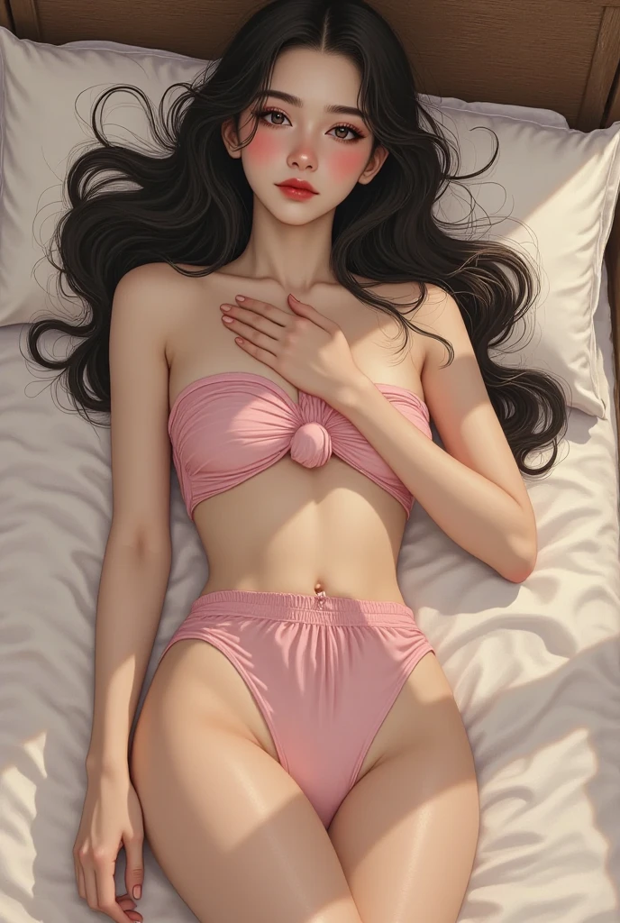 Sleeping Girl, 20 years old, Realistic,Wearing a lemon-colored long camisole,Open legs, Expressions of satisfaction and relief, Brown hair. Pink bed theme and some cute stuffed animals on the bed,An ultra-high picture quality,high-detail,Get up,