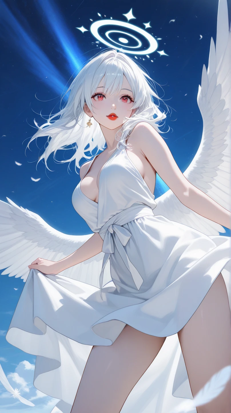 Chico, thin and fragile body, long white hair, white eyes, silver tunic, white pants, big white wings
