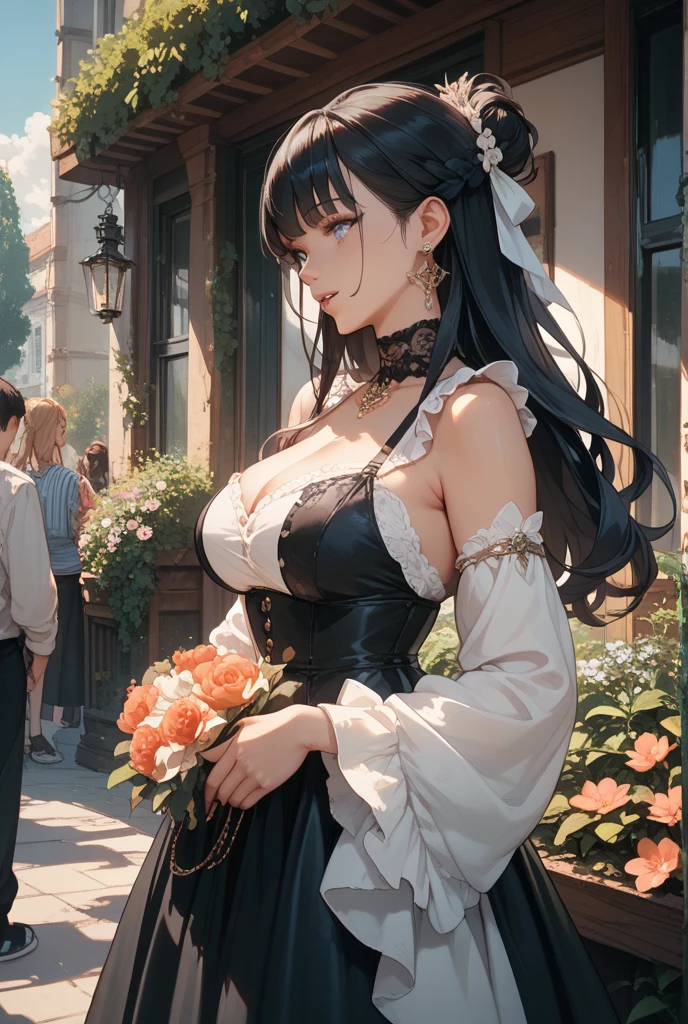 ((Gorgeous big tiara))((black dress))(masterpiece), (highest quality), (black glasses)(Super detailed), (Highly detailed CG), (Very delicate),((Super long skirt)) ((Black garter stockings)(Perfect lighting), (8k), (Dynamic Angle), (Clear images), Vibrant colors, woman, masterpiece, highest quality, Depth of written boundary, Cinema Lighting, masterpiece, highest quality, Super detailed, colorful, Vibrant,, Thighs, mature woman, alone, (masterpiece, highest quality, High resolution, Anime Screen Capture, Anime Color,), (Perfect Anatomy, Beautiful fine details, Beautiful detail body, Beautiful breasts, Shiny skin), (Sexy mature anime standing outside in a wedding dress)woman, ((black wedding princess dress)) , (wedding style), night, ((Garden Wedding))、performer, View Viewer, Side bangs, Redhead, The eyes are round, Braided Ponytail, Side bangs, Medium chest, Mid-chest, Outdoor , blue sky、pigeon、((Happy Face))((Holding a beautiful bouquet of flowers))(((Woman in a jet black dress)))(((Sitting on a wooden chair、Crossing your legs)))