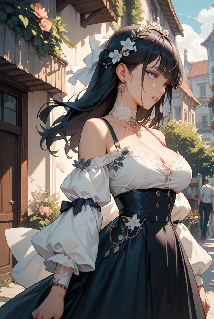 (Masterpiece:1.2), (Best Quality:1.2), Perfect eyes, Perfect face, perfect lighting, 1 girl, Mature female gothgal standing with hands in front, wide, intricate hairstyle, make up, BLACK LIPS, thick eyelashes, sad, melancholy, wearing a gothic costume, black and white dress, steering wheels, Ribbons, puffy sleeves, bare shoulders, Lace choker, jewelry, peaceful, quiet, cool, detailed exterior background, Beautiful landscape, Fancy, summer, sunny, tanned, flores, trees