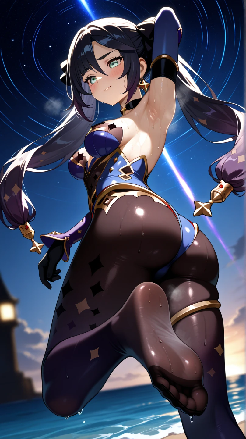A goddess Perry with her having black clothes with some purple details and some gold details with lights around her with her having a huge ass and big giant thighs