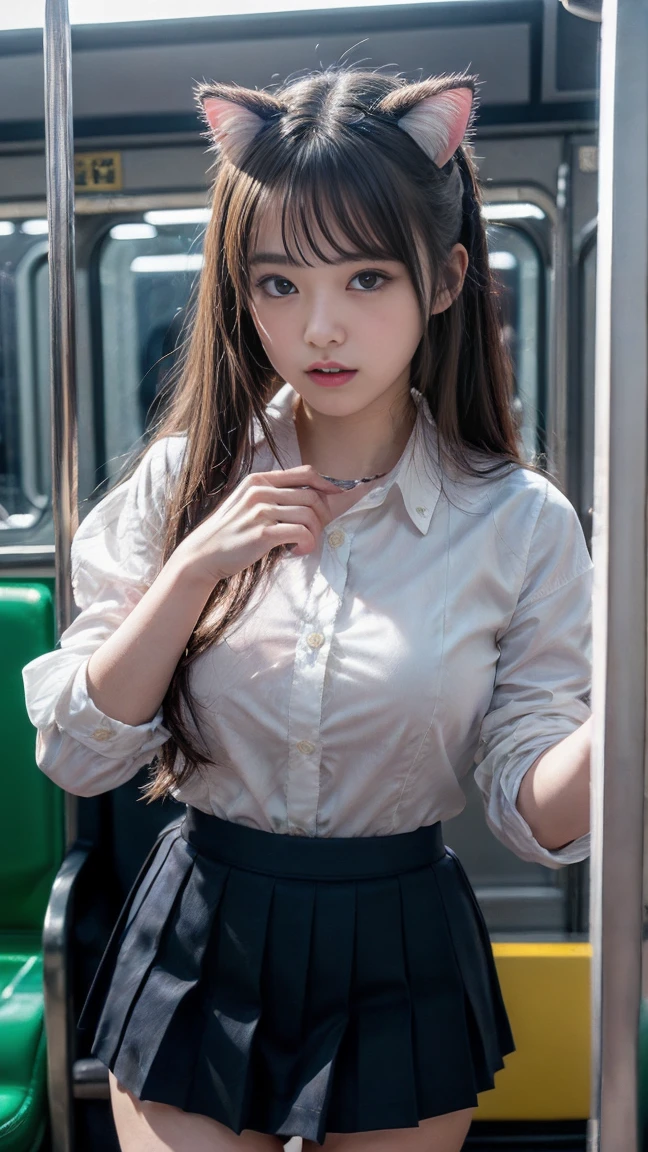 (masterpiece, highest quality:1.2), 8k, 15Year, 85mm, official art, RAW photo, スーパースリムなスレンダーbeautiful girl, Year, 85mm, official art, RAW photo, 超絶スリムな美しいスレンダーbeautiful girl, navy blue short skirt、上Half bodyfull nude、show me your ears、naked girl photoshoot、full nude, , cute face, close, Half body, Biolace, gardenia, beautiful girl, (navy pleated skirt:1.1), tighten your waist, thighs, 上Half bodyfull nude、in the train, sit on a bench seat, looking at the viewer, no makeup, (smile:0.4), film grain, chromatic aberration, sharp focus, face light, clear lighting, Ten generations, detailed face, background bokeh, (dark red tie:1.1)、