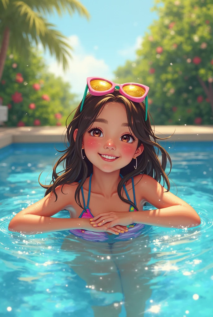 A girl floats in a pool wearing a donut-shaped swim ring that has been partially bitten off、smile、The cheeks are bulging、There are donut crumbs around his mouth、