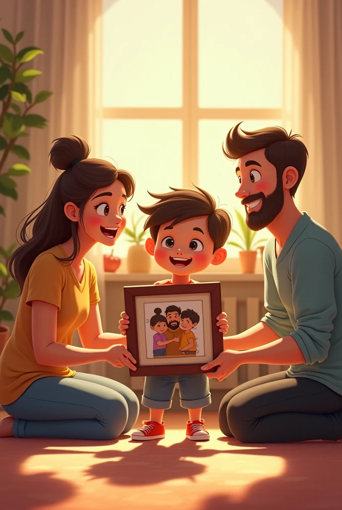 “A heartfelt scene showing a presenting a photo of himself to lady in a store. , and his eyes are full of hope and sadness. The background should feature the store setting, with soft lighting to highlight the emotional moment. The focus should be on the connection between the boy and the lady as he explains his intentions with the doll and the photo.” Should be in cartoon format as the previous ones