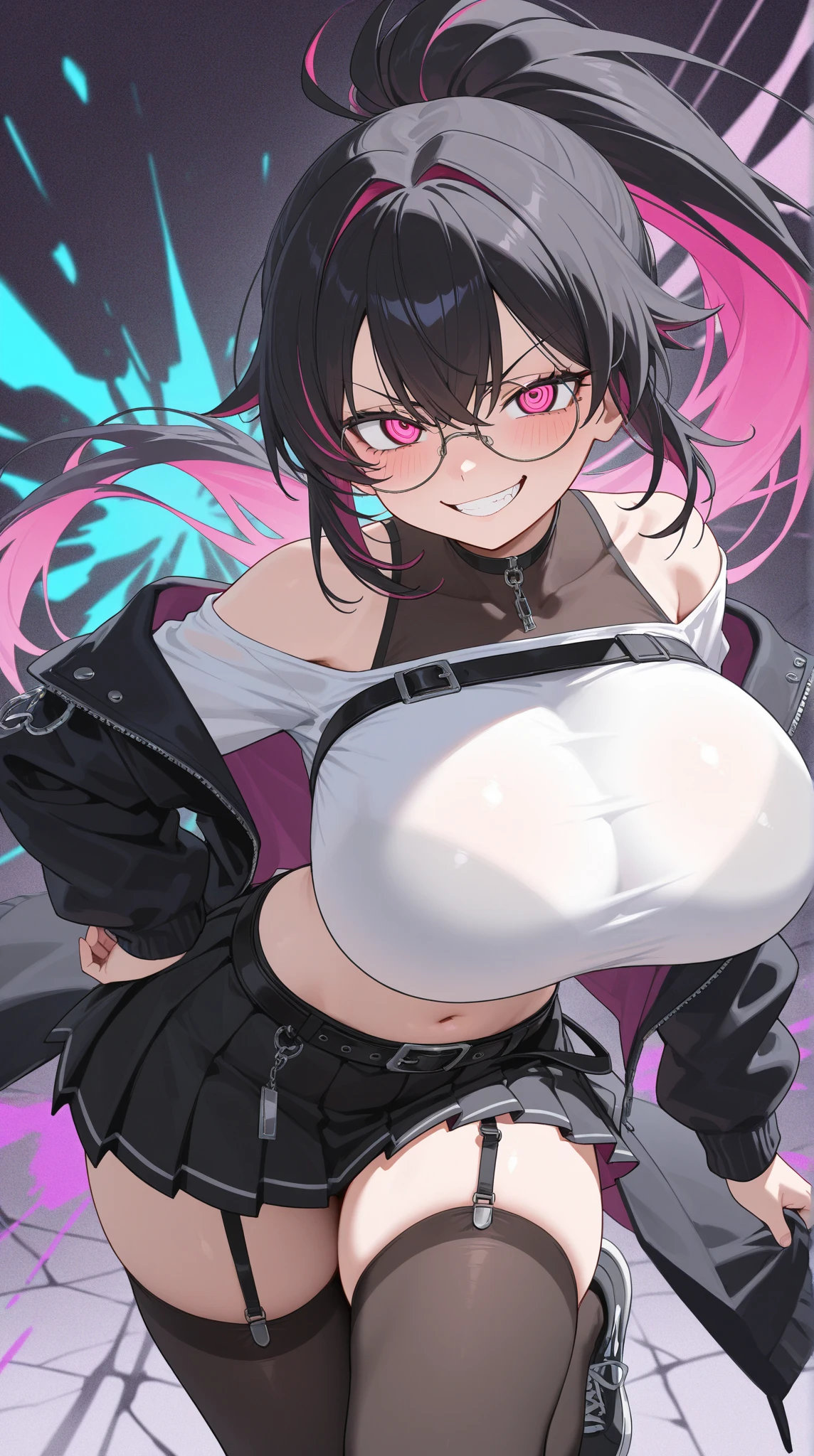 Big Breasts,beauty,Purple glasses,Black Hair,Side Ponytail,End of the World,blush,Torn Dress,Holding a bow