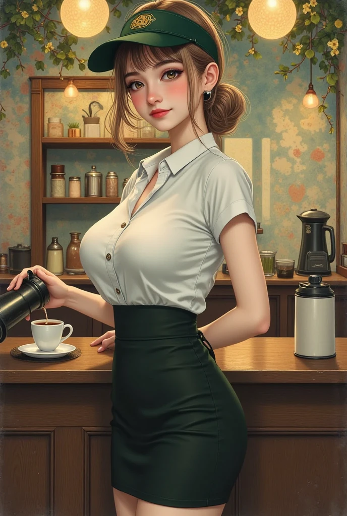 ????, a full body photo of a stunning redhead woman with messy hair, (unbuttoned white transparent blouse), smiling, green eyes, flirty, sits in a coffee shop, short black skirt, messy bun, camera from above, voyeuristic, intimate, soft light, warm glow on her face and body, computer, focused, skin and hair, soothing, high-detail skin texture, (freckles:0.5), hdr, partially exposed