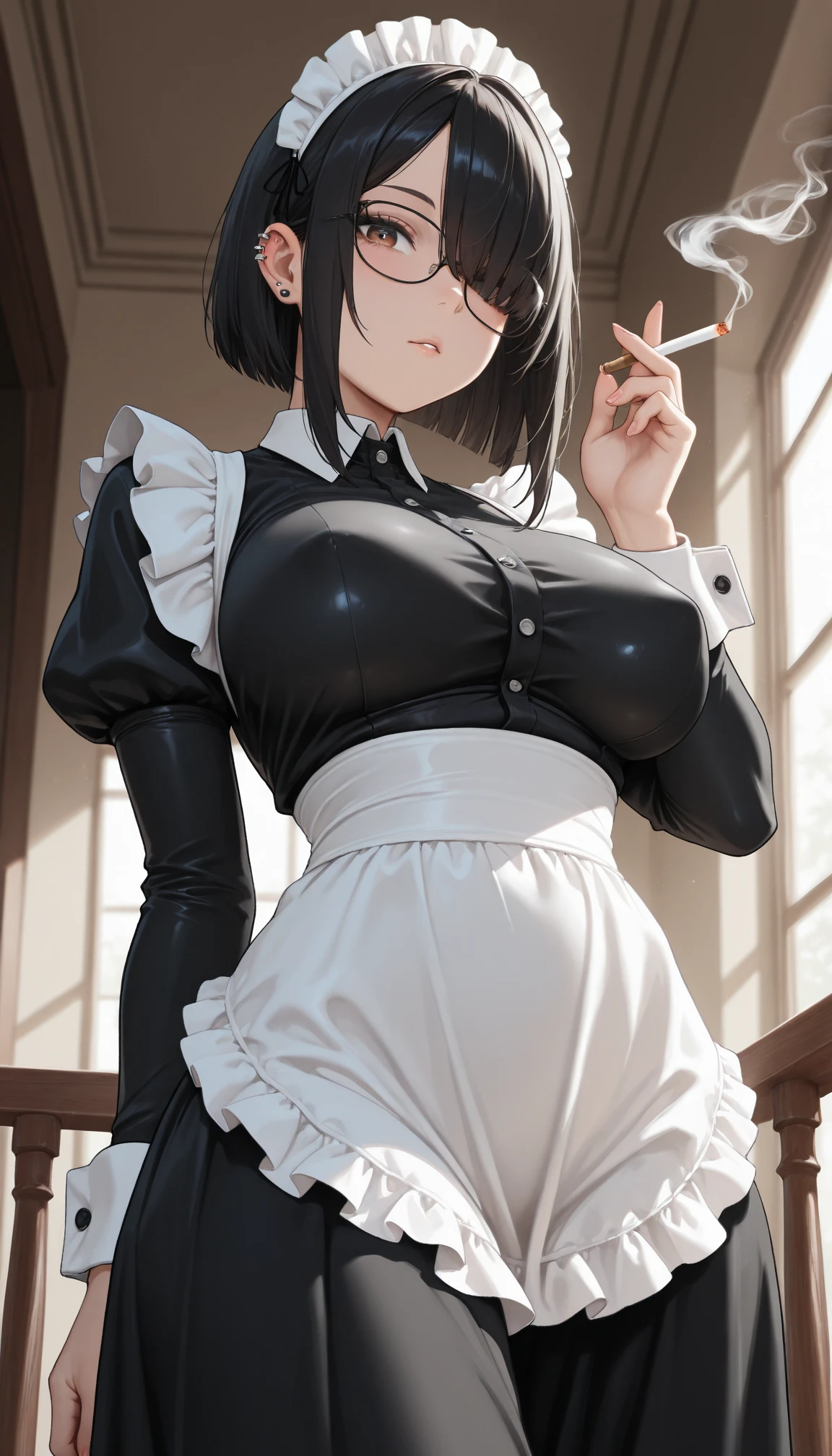 Full body photo, 1 woman in black clothes with white props from an extremely exhibitionist maid and 1 old man of 90 years old with a suit and tie, holding her from behind, immensely large breasts, clothes very tight on the body, looking at the viewer, maid hat, she has short black hair, blue eyes, they are in a bathroom in front of the shower, anime, 16k, best quality, highres, award winning, high details, UHD, masterpiece, anatomically correct, ccurate