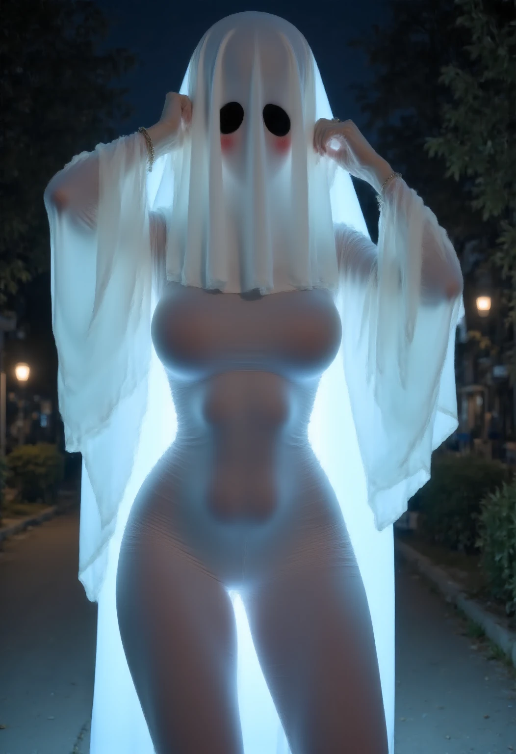 (masterpiece) (high Res), (ghost), (Perfect face), (perfect anatomy) (ghost body), green ghost woman in super tight clothes, (office suit), (mini skirt), shirt, tie, blue glowing eyes, round eyeglasses, huge breast, narrow waist, wide hips, thick thighs, Brown skin, (transparent body), black high heels, (Ghost)