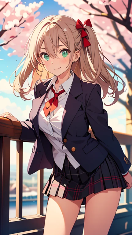 (8K、Top image quality、top-quality、masterpiece)、A detailed face、1 girl in、a blond、twintails、(((Hairstyle like a drill)))、blunt bangs、red eyes、Proud expression、smirk grin、arrogant laughter、large full breasts、white shirt、Dark blue blazer、Red Mini Pleated Skirt、plaid、white over high socks、((a miniskirt))、((White panties))cowboy shot、Put your hand to your mouth、((Taken from below))、Classroom Background