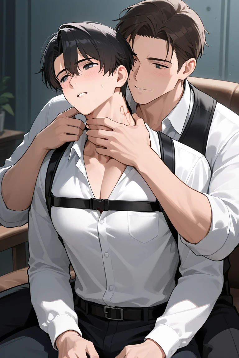 The man in his 45s with black very short hair and smooth face with moustache. The woman in her 45s with brown wavy long hair. The man is wearing an unbuttoned white shirt. The woman is wearing a black garter. Night, dark, dim. In bedroom. The man is standing. Oral sex. The man is holding the woman's hair. Orgasm. Passion. Erotic. Realistic. Ultra realistic.