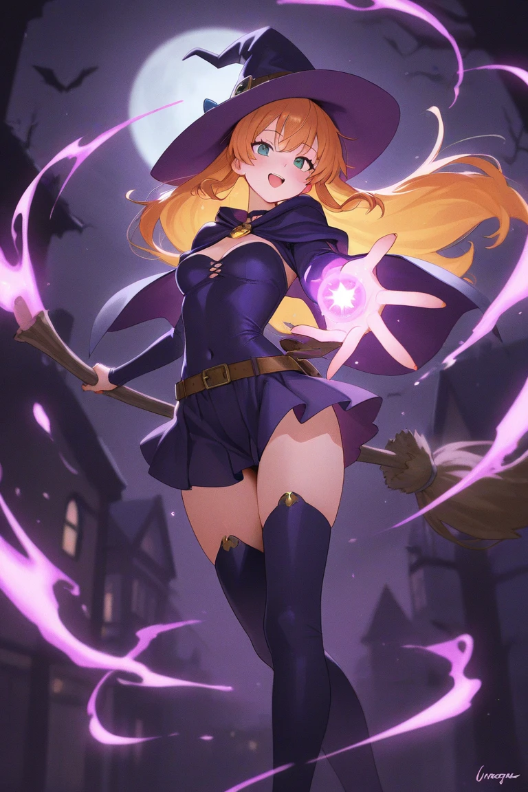 (absurdres, 8k, 4k, masterpiece, hyper extreme detailed:1.2), solo, perfect anatomy, cowboy shot, 1girl, back view, perfect face, 1girl, portrait, standing, adult, adult female, mature, Female, Mature Female, very long hair, 8k uhd, 1girl, slender, cowboy shot, standing, full body, back view, red tie, night sky, moon, stockings, big witch hat, witch, blonde hair, piercings, earrings, detailed eyes, expressive eyes, colorful pupils, blazer, skirt, fang tooth, red eyes, earrings, hand on hip, flat chest, looking forward, front view, messy hair, wind, windy, moving hair, moving clothes, swept bangs, mature body, gyaru, smile, colorful clothing, groan, military boots, perfect legs, reasonable height, butt, 