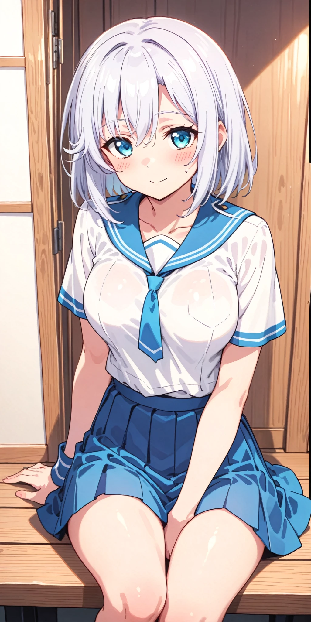 hishi miracle, horse ears, masterpiece, best quality, (ultra-detailed face), looking at viewer, cowboy shot, indoors, white gym shirt, nipples, nsfw, pussy, (shirt lift, lifted by self, showing nipples:1.2), navel, standing, smile, (slim, short stature, tiny), perky breasts