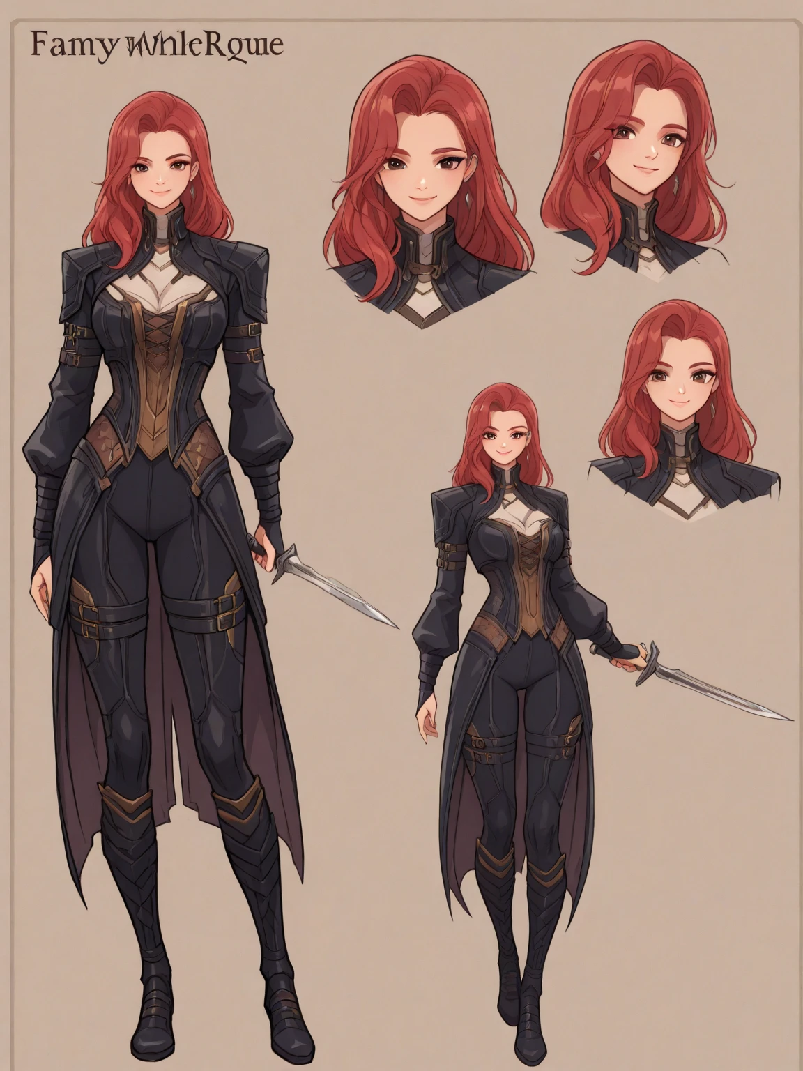 Original character reference sheet for an adoptable adult female with red hair in dark fantasy style