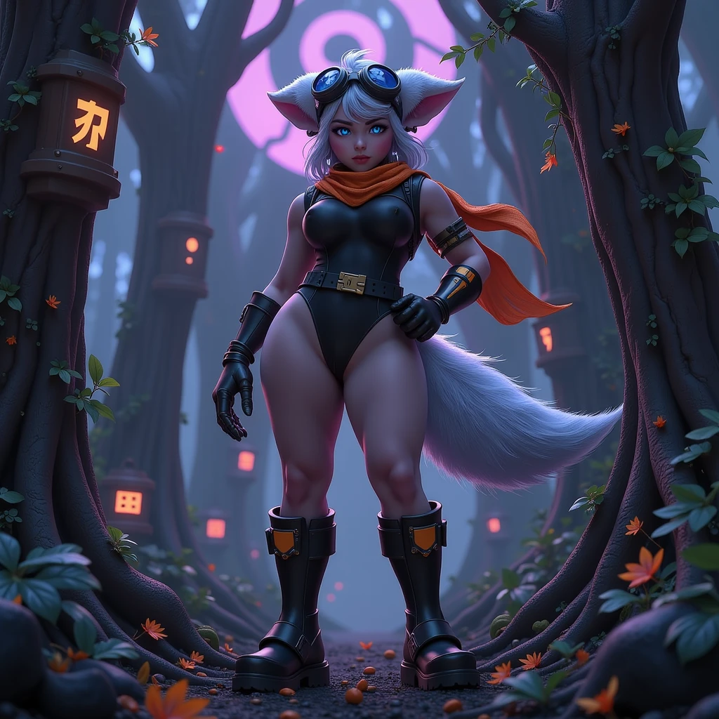 furry, rivetlombax, blue eyes, animal ears, earrings, goggles on head, bangs, mechanical arms, scarf, bikini, belt, tail, forest, smile, not human, ass big, cartoon style, cute, (breast:1.5) full body picture, thick thighs, (perfect body: 1,5), (camel toe: 1.7), barefoot, highres, spaceship