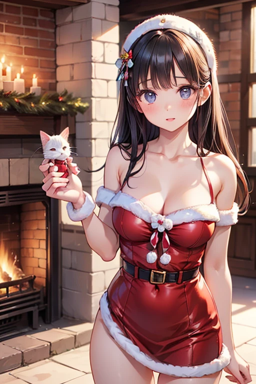 a beautiful young woman (Kate Mara, age 25), wearing an oversized frumpy Christmas sweater (shoulders exposed, deeply plunging neckline) , nude except for sweater, her intimate areas partially exposed and very detailed, sitting cross-legged by an old-fashioned fireplace with a roaring fire, playing with and petting a cute puppy, Christmas scene (best quality, 4k, 8k, highres, masterpiece:1.2), ultra-detailed, (realistic, photorealistic, photo-realistic:1.37), HDR, UHD, studio lighting, ultra-fine painting, sharp focus, physically-based rendering, extreme detail description, professional, vivid colors, bokeh, portrait, figurative, intimate, sensual, cozy, Christmas, warm lighting, chiaroscuro (show her entire body, show all of her)