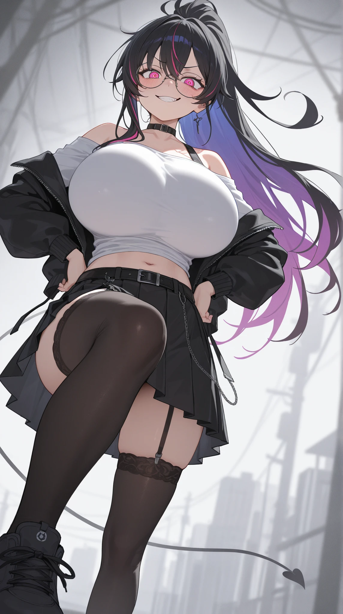 1 girl、indoor、Cowboy Shot、Black Skirt、shirt、Off the shoulder、Off the shouldersweater、(水色sweater:1.2)、(Big Breasts)、ノースリーブshirt、Tight Skirt、ハイネックノースリーブshirt、黒shirt、sweater、Lace top stockings、garter belt、sweaterの袖手首が多すぎる、Crossing legs、(Aroused expression)、Sitting、Hoop Earrings、Gradient hair color