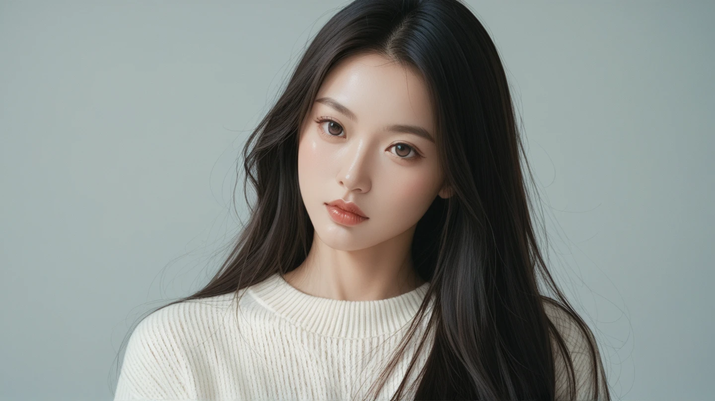 masterpiece, best quality, ultra high resolution (realism: 1.4), original photo, 35mm lens., F1 aperture.4, movie poster, light and shadow, female, white cardigan, long black hair, real skin, (Skin Details: 1.3), Beautiful Korean actress with long black hair, Big eyes and high nose, thin nose bridge, plump lips