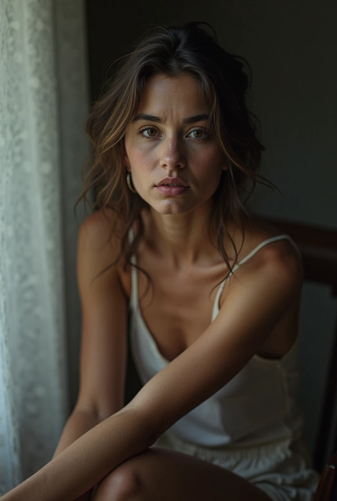 an award winning photo of a beautiful exhausted tan skin woman with beautiful eyes and freckles, messy bun, messy dark hair, sitting next to a window, dark lighting, deep shadows, high contrast, beautiful eyes, absurdres, 8k, (high quality:1.3), tired, sleepy, poverty, sadness, depression, artstation hd, concept art, detailed face and body, award-winning photography,