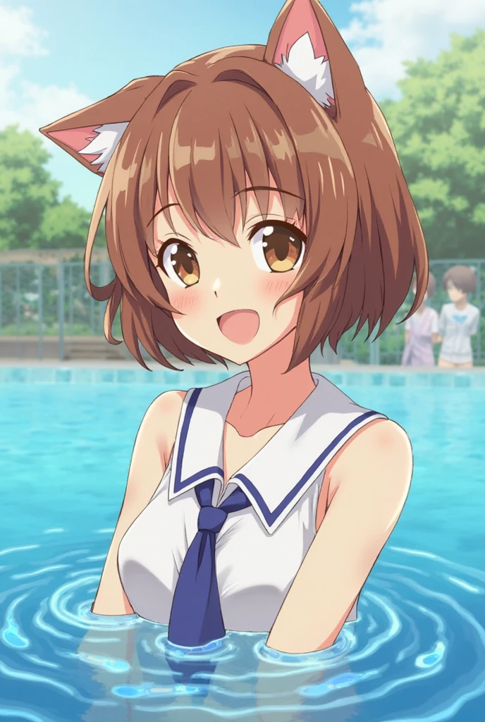(ultra detaild、high resolucion、Kyoto Animation Style Anime Illustration、Top Quality Official Art Feature:1.6)、、Detailed beautiful face and eyes、Highly detailed body、Nice hands with very detailed hair、perfect hand、beautifull hands、(1girls:1.4)、(Chibi:0.8)、(kawaii:1.2)、(a Pretty:1.2)、(Lori:0.5)、a 1 girl、cat ear、(Large、cleavage looks bigger、Brown-haired、Semi-long hair with trimmed hair、 long sleeves、becomes:1.5)、(Girl running in the park、:1.4)、(Dynamic Angles、Looking at the camera、Upper body、Wet Sports Bra,Large breasts, Character Focus:1.2)、(Light Smile, 17 yr old、Brown-haired, ponie tail、cat ear、Aqua Eye、Slender Girl)、(takeout、promenade)、break、Flower Garden, many flowers,