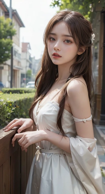 masterpiece, highest quality, very detailed, 8k, realistic, soft focus, detailed and beautiful eyes, detailed face, double eyelid, 1 girl, alone, beautiful skin, real human skin, close up shot, whole body, Beautiful and firm chest, beautiful cleavage, mature body, 18 year old girl, beautiful girl, japanese idol, (french braid:1.3), brown hair, break,(Pareo dress with a zigzag chevron motif that creates a gradation with similar white colors, pink, and fuchsia, and shines brightly),break, Smile,Position near the park with the Eiffel Tower in the background, model pose, NSFW