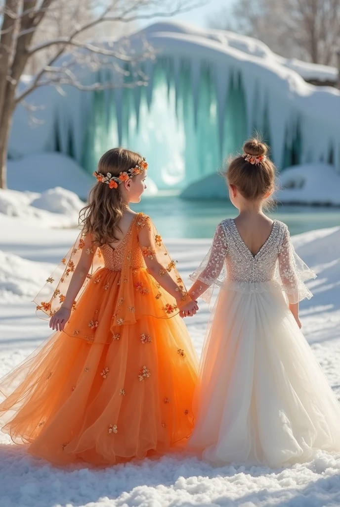 LITTLE WINTER PRINCESSES, WEARING WHITE PRINCESSES DRESSES, WINTER, SNOWING, NATURE, DOG, 8K, 8K, intricate details, HDR, beautifully shot, realistic, sharp focus, ?? megapixels, perfect composition, high contrast, cinematic, 8K