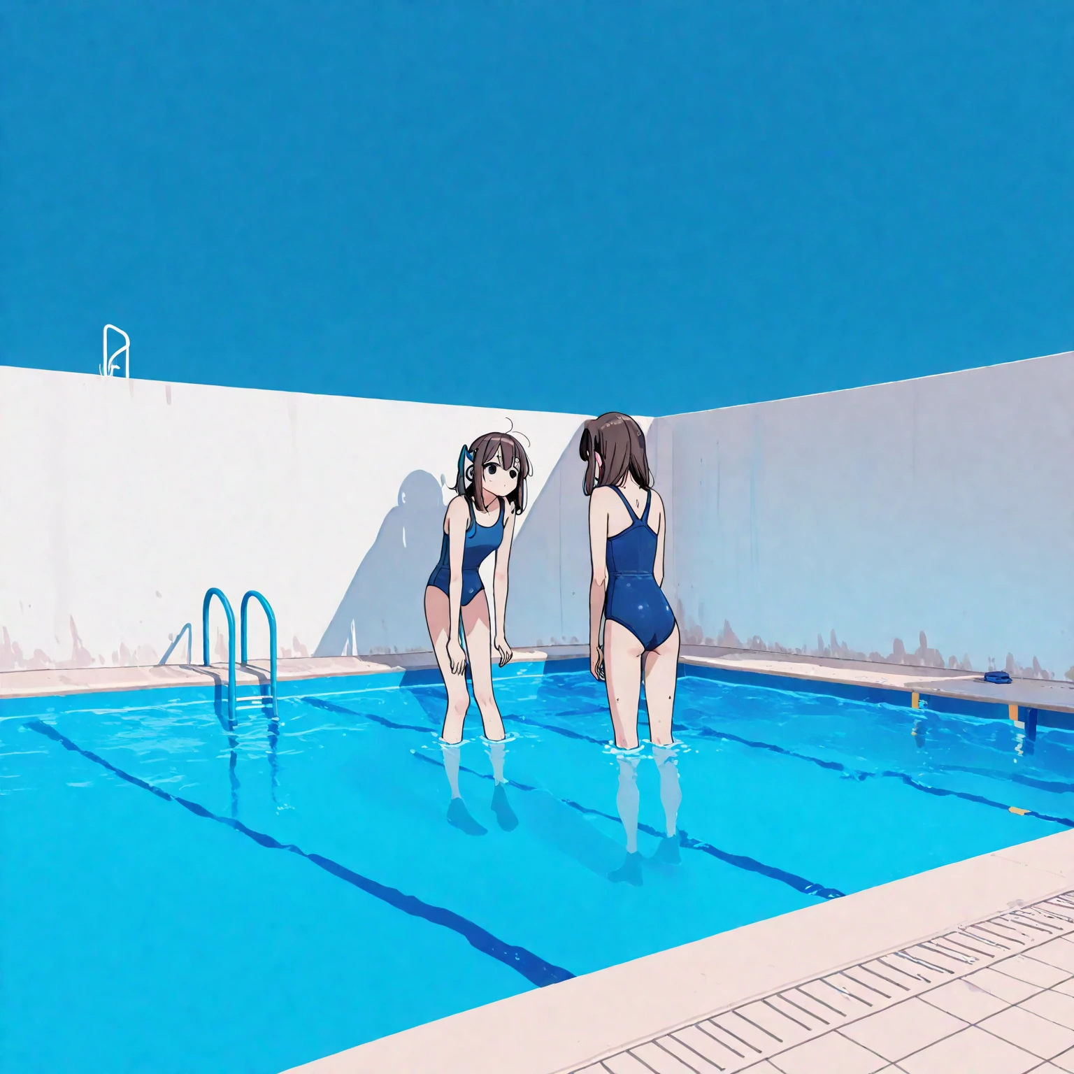 1 persons、backs、s ass、Navy Swimwear, sloped shoulder, masterpiece、hightquality、animesque、Small waist、background a pool、Off-shoulder swimsuit、full body Esbian、raise arms、hairarmpits、A dark-haired、Akame、School swim wear, Painful、suprised,agony、perspiring、It's wet