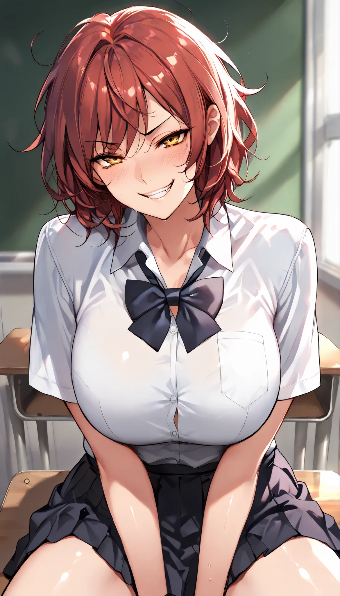 SOLO,Modern Backgrounds,A female with slim body(older girl),yellow eyes,medium oppai,shiny skin,(Wearing A loose JK skirt),(White school uniform),Sitting in Classroom,Arrogant sitting position,(Red hair,Short hair,Messy Hair),(Naughty face),slightly tilted forward,UHD, SOLO, anatomically correct, masterpiece, textured skin, high details, highres, 1080P, 16k, accurate, Beautiful face, Beautiful Nose, Perfect face, Highly detailed beautiful face and eyes, Attractive face, Detailed face, Delicate facial features, Detailed skin,Cowboy shot,(Look at the viewer)