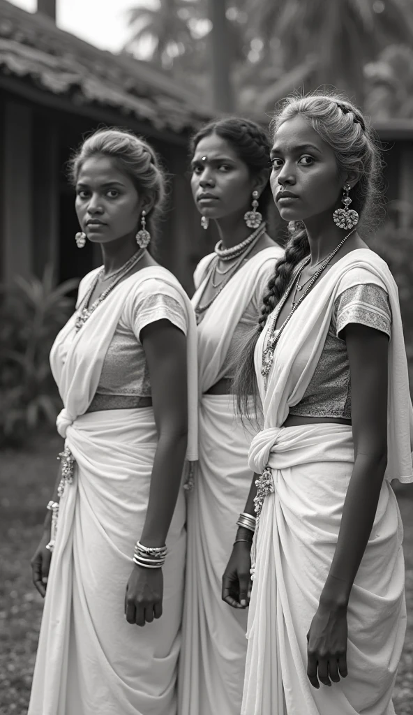 (masterpiece, vintage, raw photo:1.3), indian women from lower castes in traditional attire, captured during the 19th century, Travancore region, (sepia-toned black and white:1.2), worn edges, depicting their struggles, solemn expressions, faded backgrounds, traditional clothing reflecting their societal position, intricately woven fabrics, distinct jewelry, textured details, subtle monochromatic contrasts, historical context, side view, capturing the resilience and challenges faced by these women.