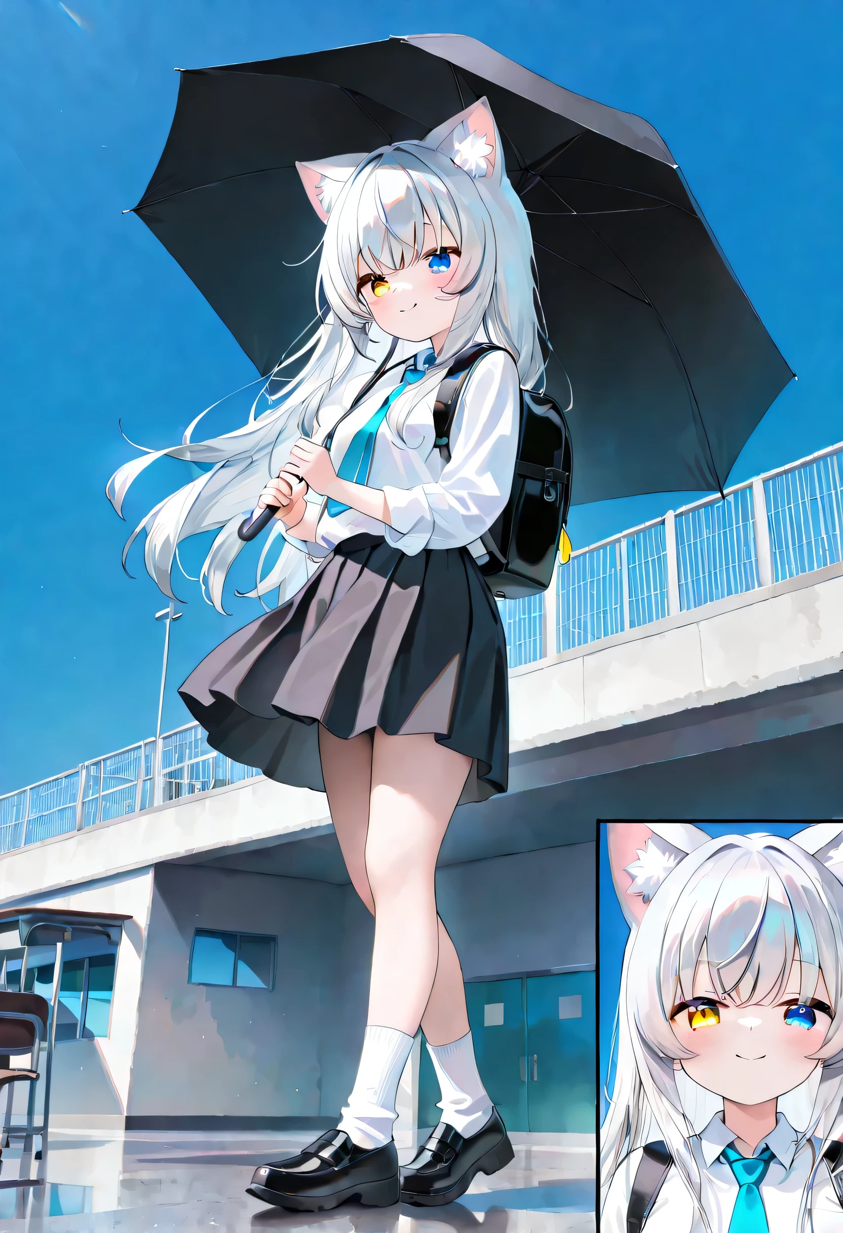 long hair,Silver Hair,girl,Cat ears,Alone,Full body picture,Heterochromia(Left blue right yellow),school,square, open space,white top,black skirt,Holding a black umbrella,noon,Blue sky, Forward ,Stand Up Straight,Smile, white socks, up close,blue tie,black shoes, black backpack