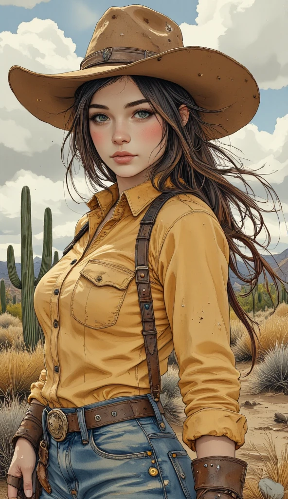 a sexy girl in the middle of a wheat field, very long hair, cowboy hat, unbuttoned white shirt, cleavage, checkered miniskirt, detailed belt, sexy posing, dark clouds, eroticism, sexy image, black and white,(best quality,4k,8k,highres,masterpiece:1.2),ultra-detailed,(realistic,photorealistic,photo-realistic:1.37),intricate details,vivid colors,sharp focus,professional,Dave McKean artwork, oil touch of surrealism,oil painting style,portrait,woman,beautiful detailed eyes,beautiful detailed lips,dreamlike atmosphere,shadow play,soft lighting,playful pose,minimalist room,dark hues,ethereal background,fantasy elements,texture,layered composition.