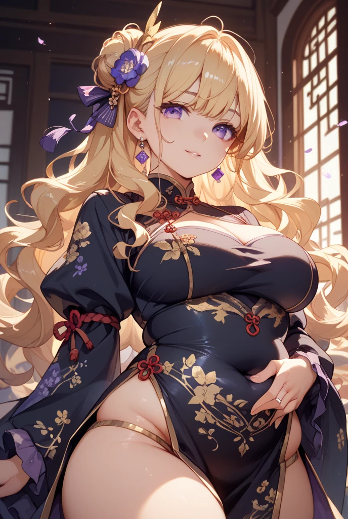 masterpiece, best quality, 1girl, solo, adult, blonde hair, long hair, golden earrings, pink eyes, detailed face, purple dress, white corners, large breasts, red bow, red bows on dress, sitting