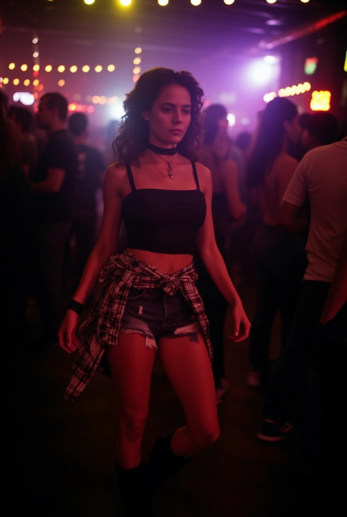 A confident young woman walking through a crowded dance club, wearing a black crop top, ripped denim shorts, plaid shirt tied above the waist, chokers and leather bracelets, black lace-up boots, moody nightclub background with neon lights, cinematic lighting, high detail, shallow depth of field, realistic photo, vibrant tones