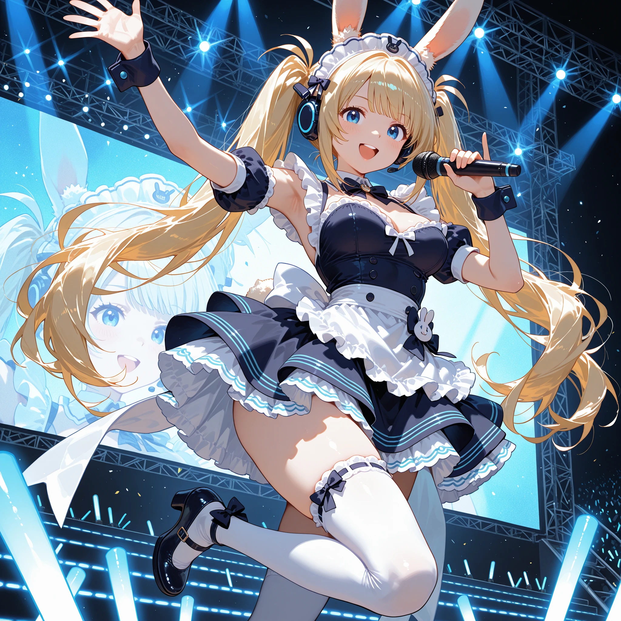 (masterpiece), (best quality), (high res) Solo, (perfect anatomy young girl (10 years old), tanned brown skin, light blonde hair (shoulder length), green eyes, (skin tight idol outfit), (blue high heels boots), (shirt), (super tight mini skirt), smiling, flat chest in a futuristic stage setting with a green light, cyberpunk, cyber suit, best anime 4k, cybersuits, singing to a big crowd of people, dog collar, pink lipstick, rabbit ears