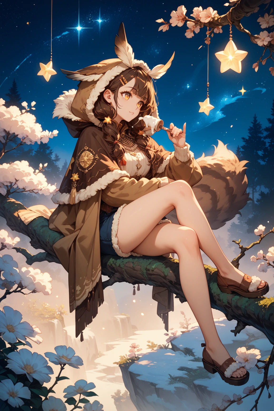 ((best quality)), ((highly detailed)), absurdres, (detailed eyes, deep eyes), (1girl), (glasses), full body, (((very wide shot))), bra, <lora:b0ysh0rts:1>, b0ysh0rts, -((reindeer girl)), brown hair, brown eyes, <lora:horizontal_pupils-v2:.9>, horizontal pupils, deer ears, <lora:deerantlers-12:1>, dearantlers, large deer antlers, <lora:hoovedlegs:.8>, hooved legs, white spots, hooves, deer tail, short tail, fur coat, (outdoors, at a pine_tree forest, night, night sky, stars, crescent moon, shooting star, telescope)