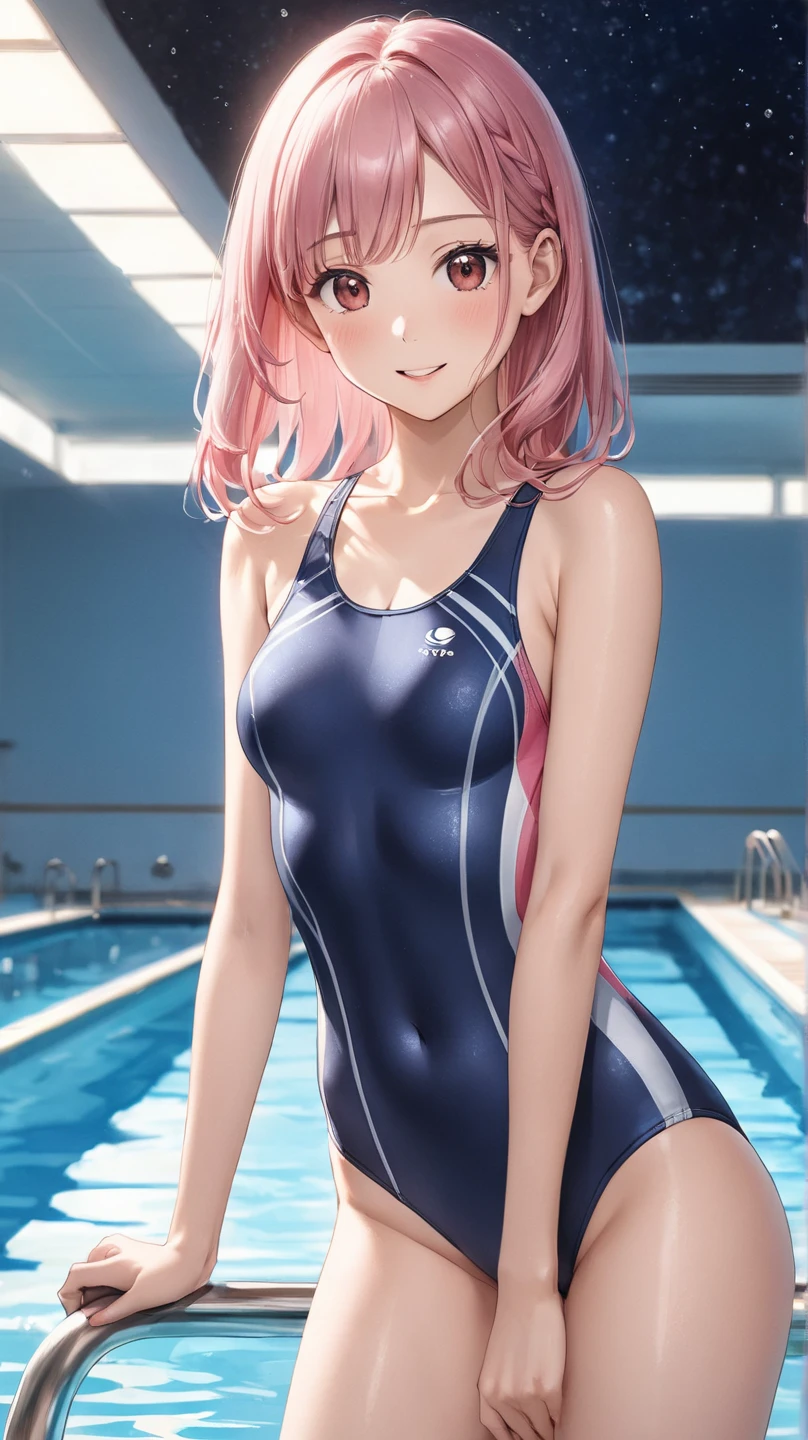 A young girl with pink hair and blue eyes wears a tight school swimsuit.