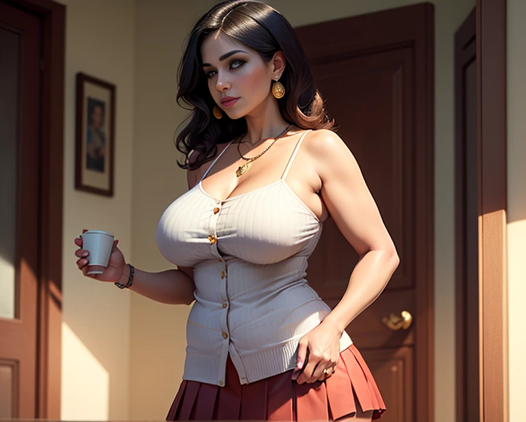 Goddess, glowing irredesent skin. very short hairstyle. Massive soft breasts. massive wide hips. choker. mini dress.