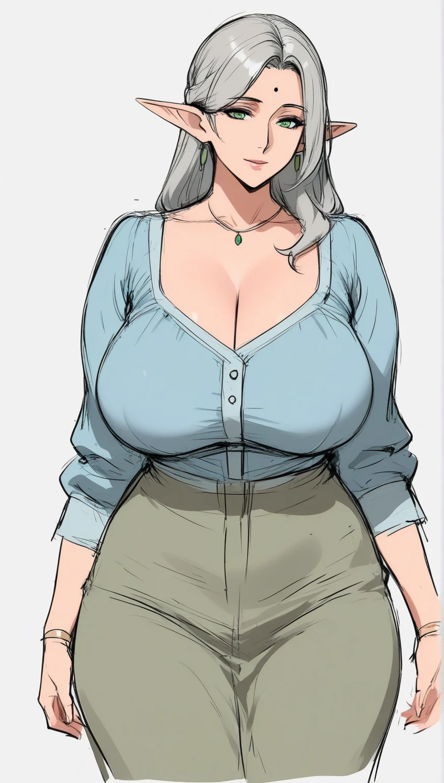 uzaki tsuki, closed mouth, pants, collarbone, smile, thick thighs, mature female, huge breasts, sweater, jewelry, white shirt, closed eyes, 1girl, sitting, white sweater, solo, wide hips, thighs, hair over shoulder, shirt, curvy<lora:uzaki_tsuki_goofy:1>