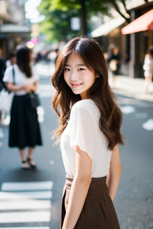 Top quality cool real cool guy chic casual clothes、Delicate face、good looking、Her hair color is brown.、Brown eyes、Daytime on a sunny day、Cool standing figure、Fukuoka Tenjin streetscape、Live-action shooting style、High resolution 8k、Bright smile、Like a model、