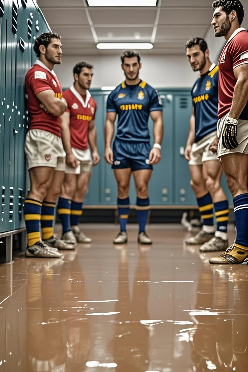 the entire rugby team , piece , 30 years, SMILE , head on , seen from afar , Dressed in clothes , no shirt , shirtless , transparent white interior very very wet, WET BODY , his member shows through  , He is sitting with his very hairy legs spread ,  with his friends and teammates in the training room. 。very muscular , Thick 　long thick beard 　very short hair　 top-less