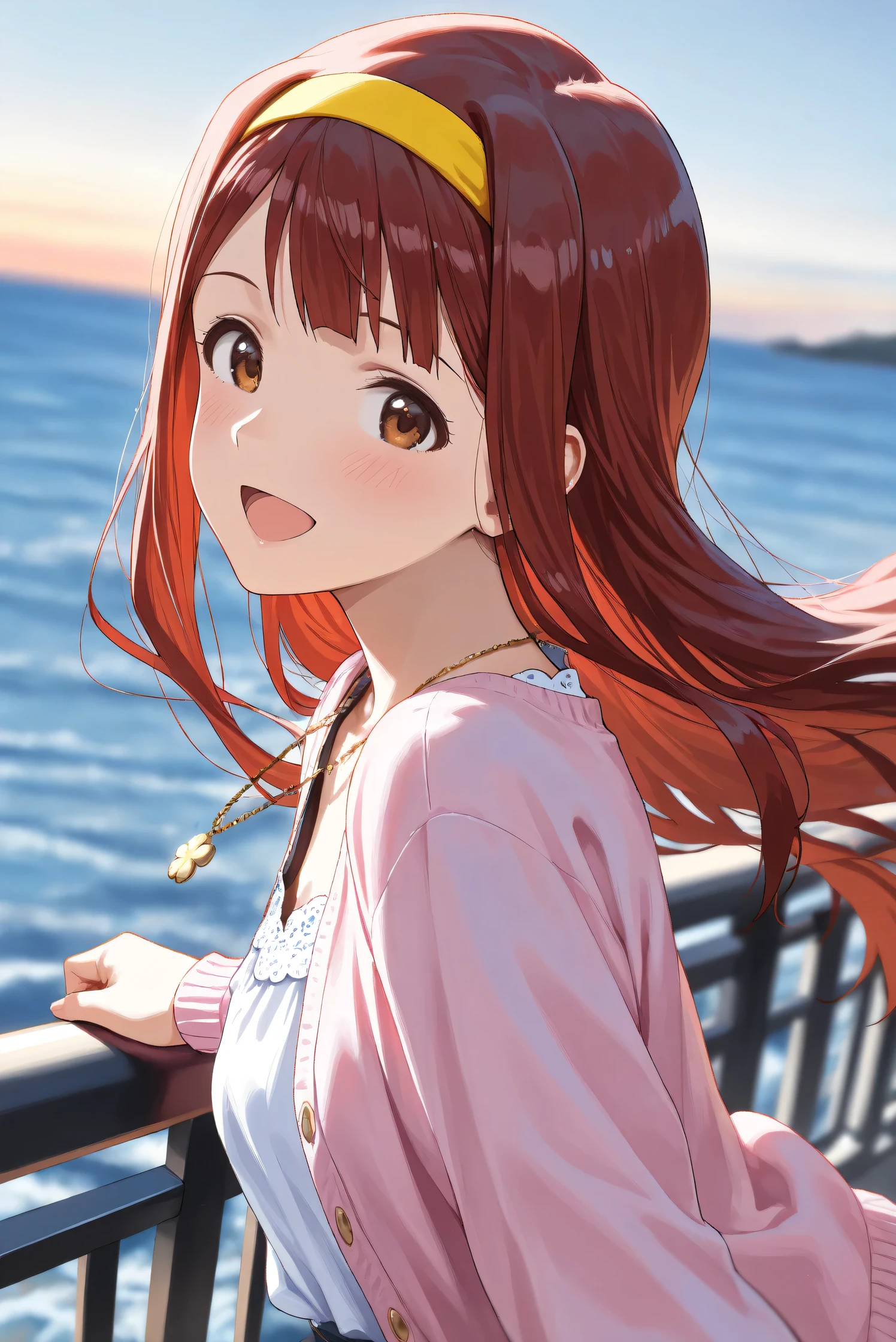 (Masterpiece), (Highest quality), (Very detailed),
(The best shape), (Best Shadow), (Absurd),
(Detailed background), (So beautiful), (Shiny),
(Extraordinary), (Countershading), (8k), (32K),
(High resolution), (Very Detailed CG), (UHD),
(Score_9), (Score_8_up), (Score_7_up),
(Source_anime), (Pastel painting:1.2),
(Watercolor painting:1.2),(Masterpiece, Detailed:1.2), (Foreshortening:1.2),
(Cinematic), (Dramatic), (Depth of field:1.4),
(Blurry background:1.4), (Realistic background:1.4),
(Dynamic angle), (1 girl),
(Outdoor), (Wind), (before dawn:1.2), (sea),
(dark sky:0.9), (handrail),
(from side),
(Casual wear:1.3),
(white one piece), (long one piece),
(pink cardigan), (open cardigan),
(long sleeves cardigan),
(Black string), (Waist string),
(portrait:1.2), (Focus on face), (Close up shot),
(Blush:1.3), (Happy), (Smile), (open mouth),
(looking back), (looking at viewer),
(Realistic skin), (Shiny skin),
(Tanaka Kotoha),
(The idolmaster million live!),
(mirishita), (kotoha),
(brown eyes), (red hair), (long hair),
(yellow headband), (necklace),